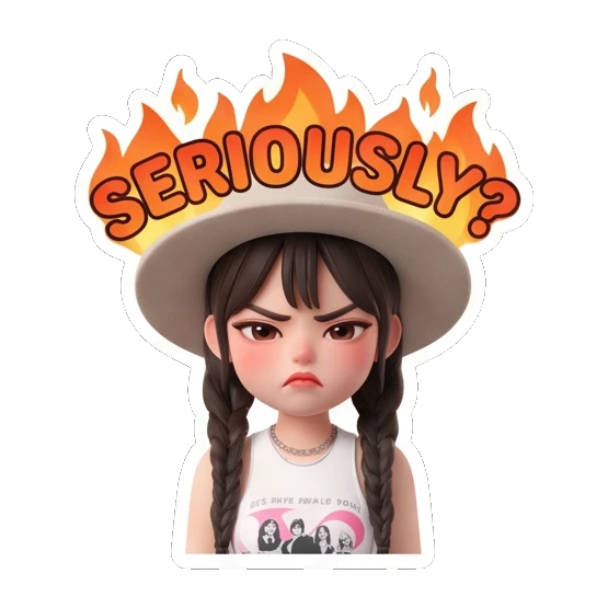 Girl in hat looking angry with fire background and text SERIOUSLY Chic Hat Girl Expressions sticker for expressive chats and social replies.