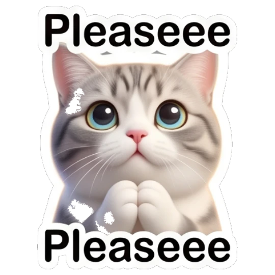 Grey cat pleading with Pleaseee text Cute Grey Tabby Expressions sticker for expressive chats and social replies.