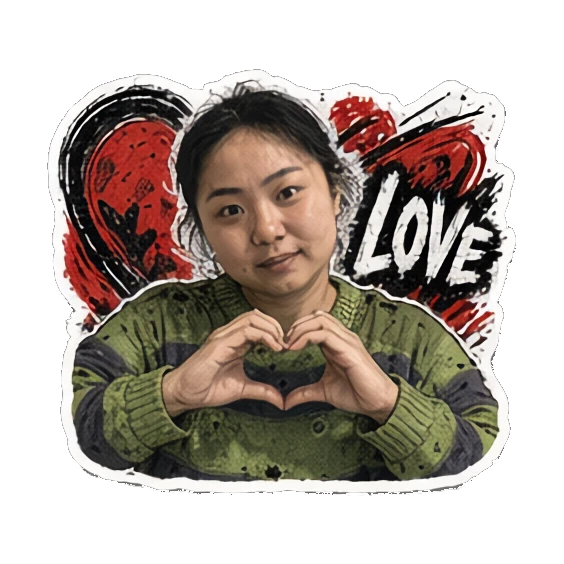 年轻女性双手比心，表情温柔，文字LOVE Punk Girl Daily Vibes sticker for expressive chats and social replies.