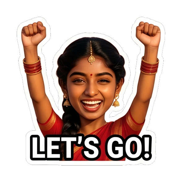 Excited Indian girl raising both arms saying Let's Go Indian Girl Expressions sticker for expressive chats and social replies.