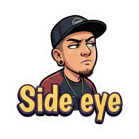 Man looking sideways with a skeptical side-eye expression. Cool Guy Daily Vibes sticker for expressive chats and social replies.