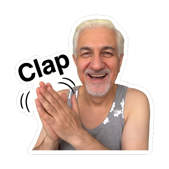 Man clapping hands with 'Clap' text. Silver Fox Daily Vibes sticker for expressive chats and social replies.