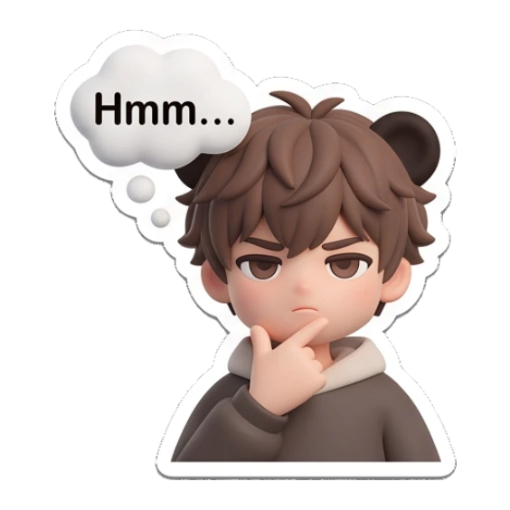 Thinking boy with bear ears with text Hmm. Brown Bear Boy Daily sticker for expressive chats and social replies.