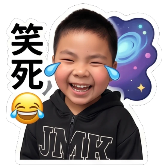 Boy laughing with tears of joy, labeled '笑死'. Little Astronaut Daily sticker for expressive chats and social replies.