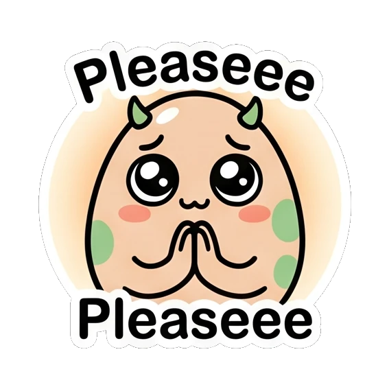 Pleading egg with big watery eyes saying Pleaseee. Little Spotted Egg Emotions sticker for expressive chats and social replies.