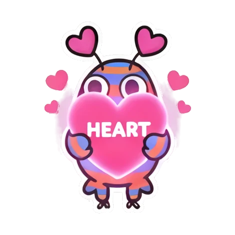 Monster holding a glowing heart, loving expression, text HEART. Mood Monsters sticker for expressive chats and social replies.