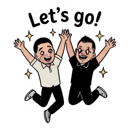 Twin brothers jumping with excitement and 'Let's go!' text. Twin Brothers Daily Vibe sticker for expressive chats and social replies.