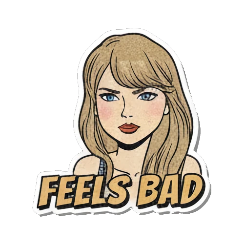 Blonde woman looking upset and annoyed with FEELS BAD text Retro Pop Diva Vibes sticker for expressive chats and social replies.