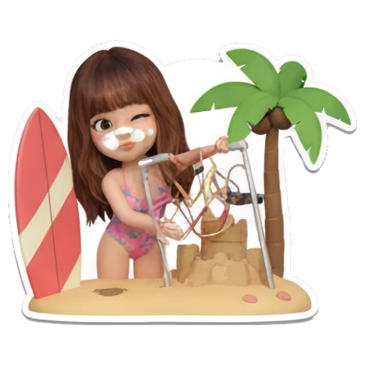 Girl building a sandcastle on the beach, focused, text BEACH DAY Summer Vacation Girl sticker for expressive chats and social replies.