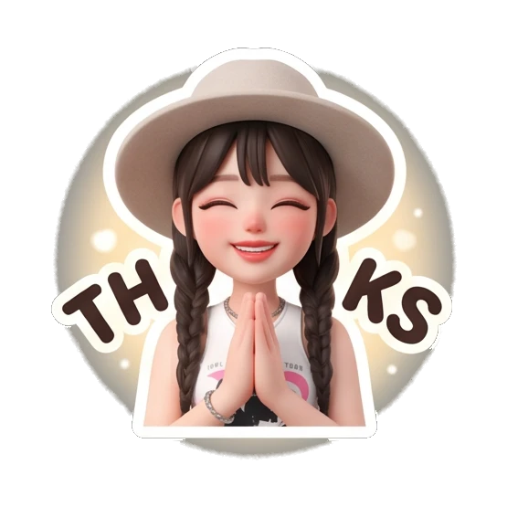 Girl in hat with hands in prayer pose and text THANKS Chic Hat Girl Expressions sticker for expressive chats and social replies.