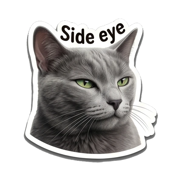 Gray cat looking sideways with suspicious eyes, text Side eye Gray Cat Daily Vibes sticker for expressive chats and social replies.