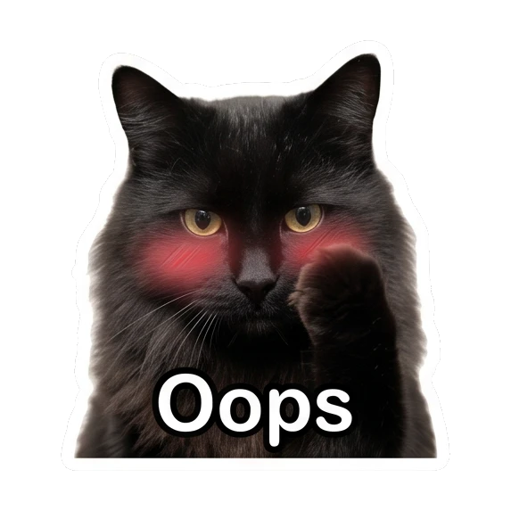 Embarrassed black cat with blushing cheeks and text Oops Mystic Black Cat Moods sticker for expressive chats and social replies.