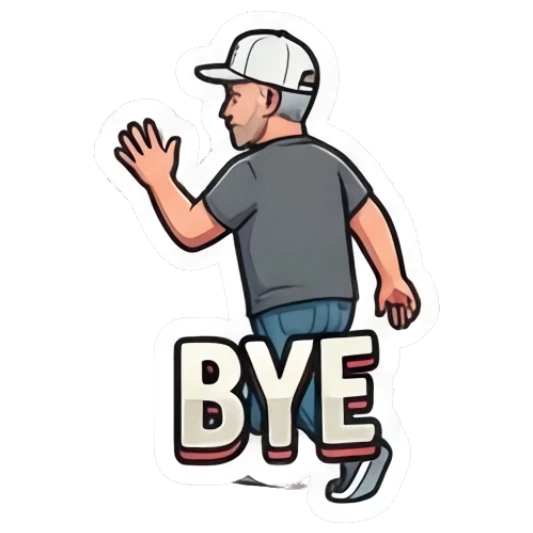 Man waving goodbye while walking away with text BYE Coffee Shop Guy Daily Vibes sticker for expressive chats and social replies.