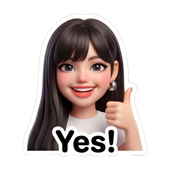 Cheerful girl giving a thumbs up with 'Yes!' text Cute 3D Girl Expressions sticker for expressive chats and social replies.