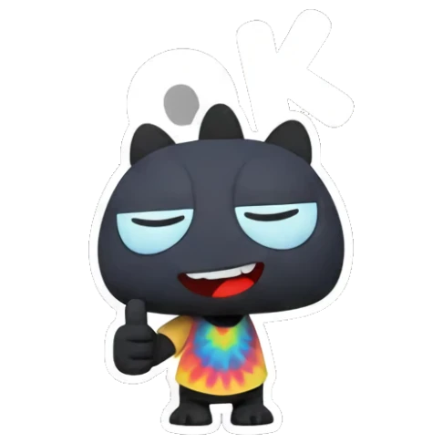 Black monster wearing tie-dye shirt gives a thumbs up with OK text. Little Black Monster Moods sticker for expressive chats and social replies.