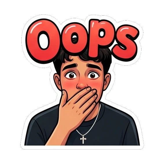 Embarrassed young man covering mouth with 'OOPS' text. Cool Guy Daily Vibes sticker for expressive chats and social replies.