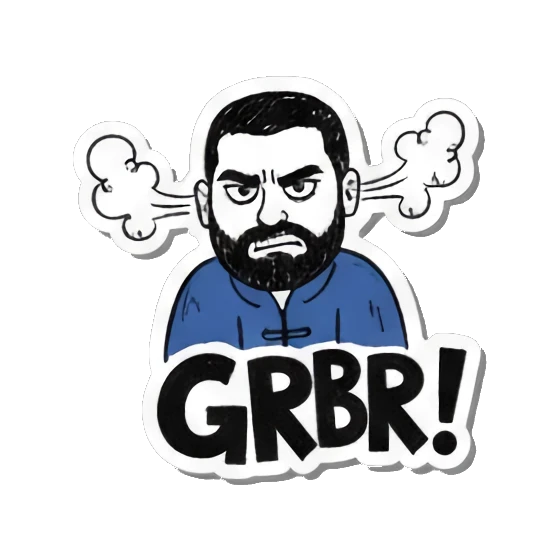 Angry man fuming, "GRBR!" Bearded Guy's Moods sticker for expressive chats and social replies.