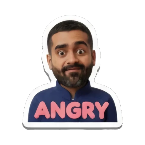 Bearded man looking stern with text ANGRY Cheerful Bearded Professional sticker for expressive chats and social replies.
