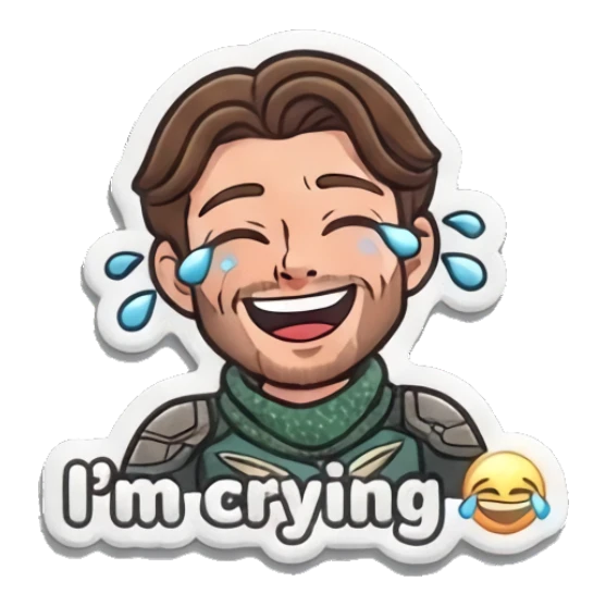 Happy hero laughing with tears of joy saying I'm crying. Heroic Daily Vibes sticker for expressive chats and social replies.
