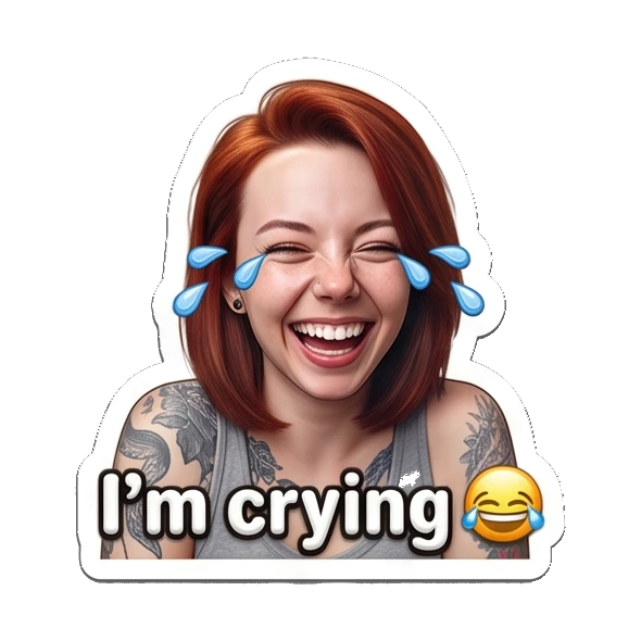 Laughing red-haired girl with tears of joy. Red-Haired Girl Expressions sticker for expressive chats and social replies.