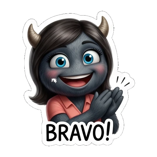 Female monster clapping hands in celebration, labeled BRAVO! Furry Monster Family Life sticker for expressive chats and social replies.