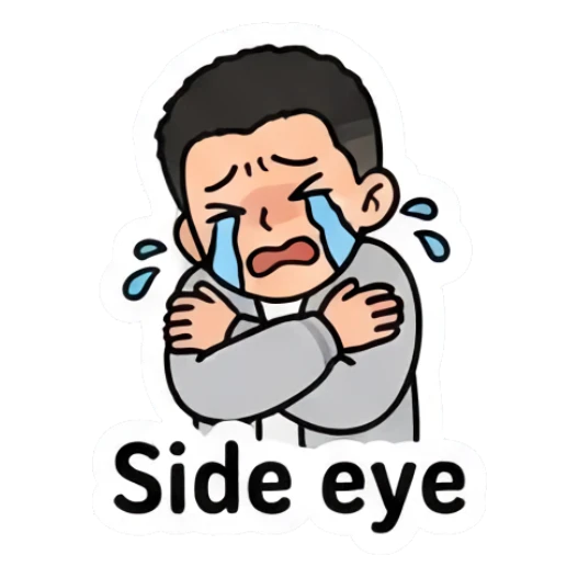 Boy crying with blue tears, showing side eye. Casual Boy Daily Vibes sticker for expressive chats and social replies.