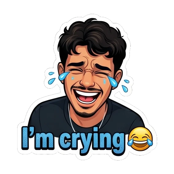 Crying young man laughing with 'I'm crying' text. Cool Guy Daily Vibes sticker for expressive chats and social replies.