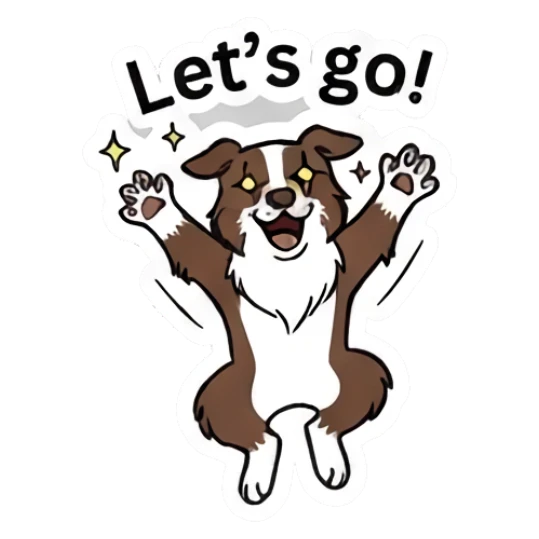 Energetic Border Collie jumping with joy and text Let's go Loki.. LOWKEY Aussie! sticker for expressive chats and social replies.