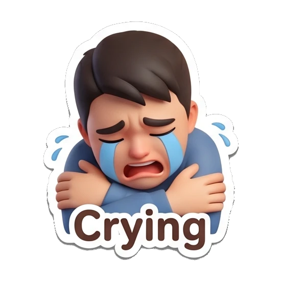 Boy crying with blue tears and crossed arms with text Crying. Cheerful 3D Boy Expressions sticker for expressive chats and social replies.