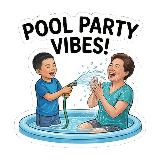 母子在泳池边玩水 Mom & Son's Summer Fun sticker for expressive chats and social replies.
