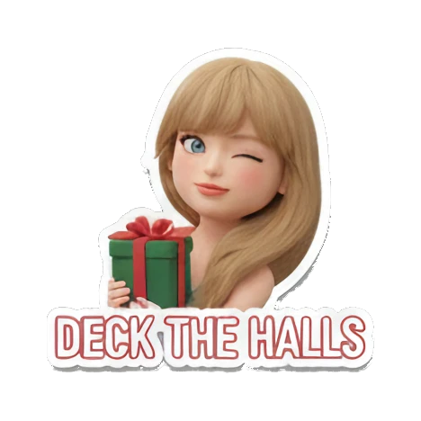 Blonde girl winking while holding a gift box, text DECK THE HALLS Festive Blonde Holiday Vibes sticker for expressive chats and social replies.