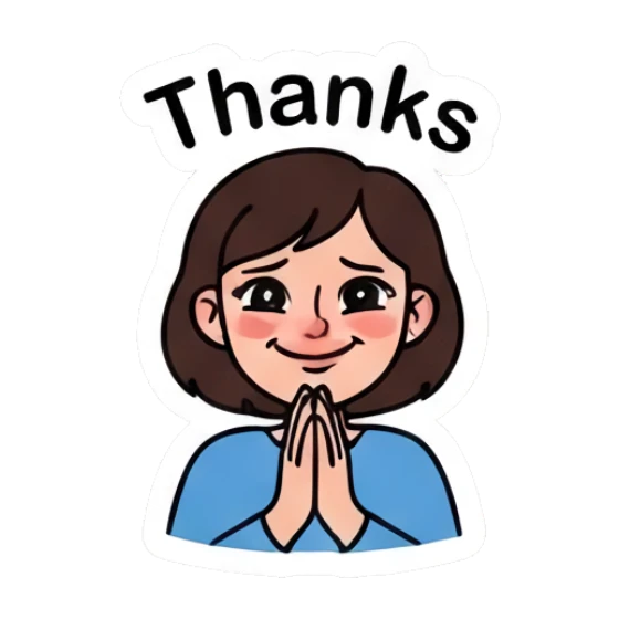 Girl with hands together in prayer, smiling, text Thanks Daily Life of a Girl sticker for expressive chats and social replies.