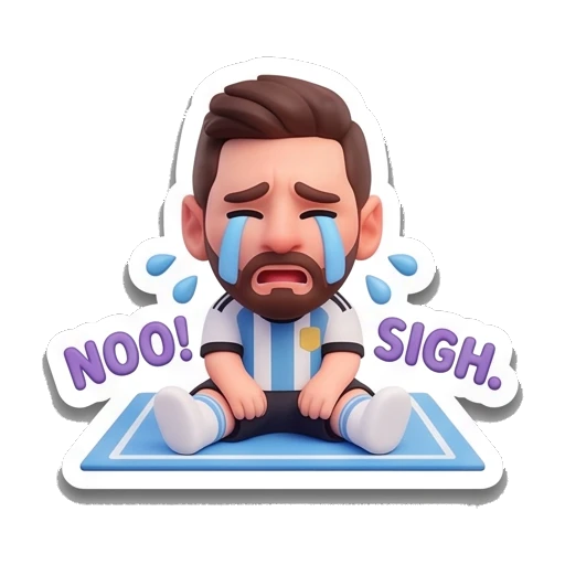 Messi character crying while sitting on the floor, text 'NOO! SIGH' Messimotes: Pure Emotion sticker for expressive chats and social replies.