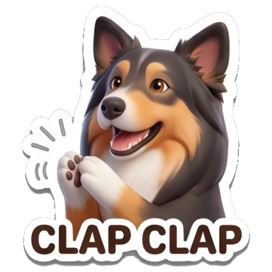 Border Collie clapping paws together, happy, text CLAP CLAP Cheerful Border Collie Expressions sticker for expressive chats and social replies.