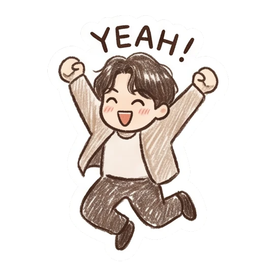 Boy jumping with joy, text YEAH! Crayon Boy Daily Moods sticker for expressive chats and social replies.