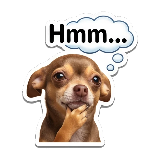 Chihuahua looking thoughtful with paw on chin, text Hmm... Chihuahua Moods sticker for expressive chats and social replies.