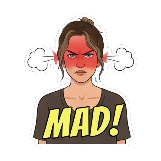 Angry 'MAD!' with steam Young Woman's Expression Pack sticker for expressive chats and social replies.