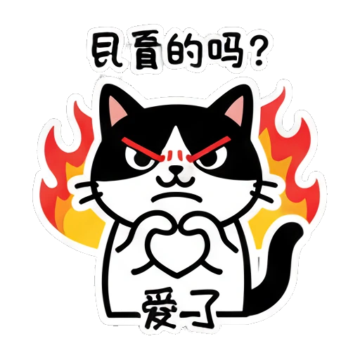 Cat making a heart shape with fire background and text '爱了' Black and White Cat Daily sticker for expressive chats and social replies.