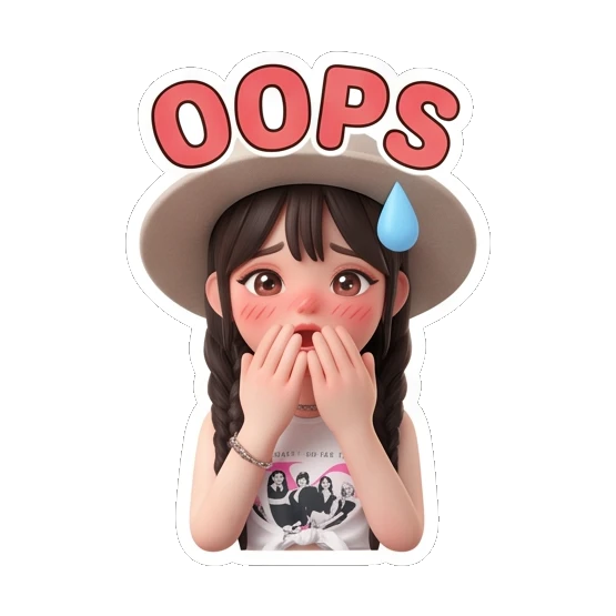 Girl in hat looking embarrassed with hands over mouth and text OOPS Chic Hat Girl Expressions sticker for expressive chats and social replies.