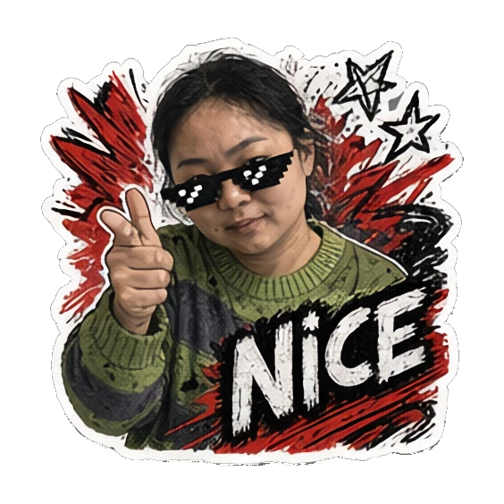 年轻女性戴墨镜指点，表情酷炫，文字NICE Punk Girl Daily Vibes sticker for expressive chats and social replies.