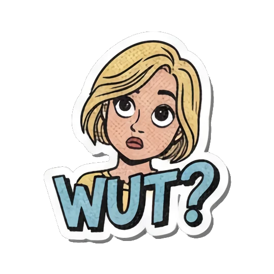 Confused "WUT?" Retro Slang Girl sticker for expressive chats and social replies.
