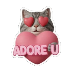 Gray tabby cat holding a large pink heart with ADORE U text Cheerful Gray Tabby Cat sticker for expressive chats and social replies.