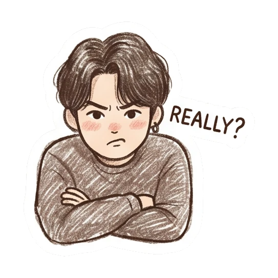 Boy looking suspicious with arms crossed, text REALLY? Crayon Boy Daily Moods sticker for expressive chats and social replies.