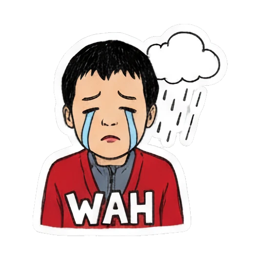 crying boy under rain cloud Red Sweater Boy Daily Life sticker for expressive chats and social replies.