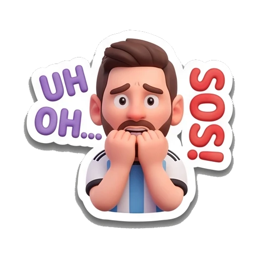 Messi character looking nervous with hands on mouth, text 'UH OH! SOS' Messimotes: Pure Emotion sticker for expressive chats and social replies.