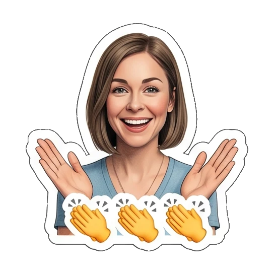 Woman applauding with 'CLAP' emoji style Everyday Office Lady sticker for expressive chats and social replies.