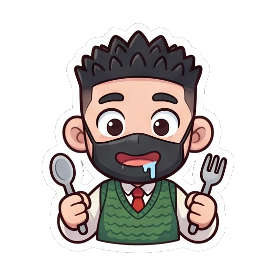 Hungry boy holding a spoon and fork with drool Cheerful Masked Student sticker for expressive chats and social replies.