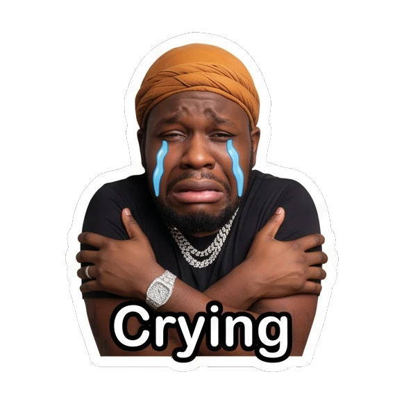 Man in durag hugging himself and crying, sad, text Crying Daily Vibes with Durag Guy sticker for expressive chats and social replies.