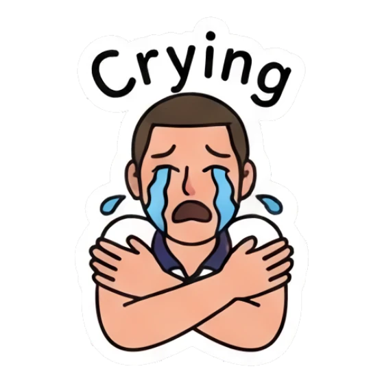 Young man crying with tears and arms crossed. Daily Life of a Cool Guy sticker for expressive chats and social replies.