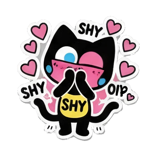 Black cat blushing, covering face with paws, SHY text. Keith Haring Style Black Cat sticker for expressive chats and social replies.